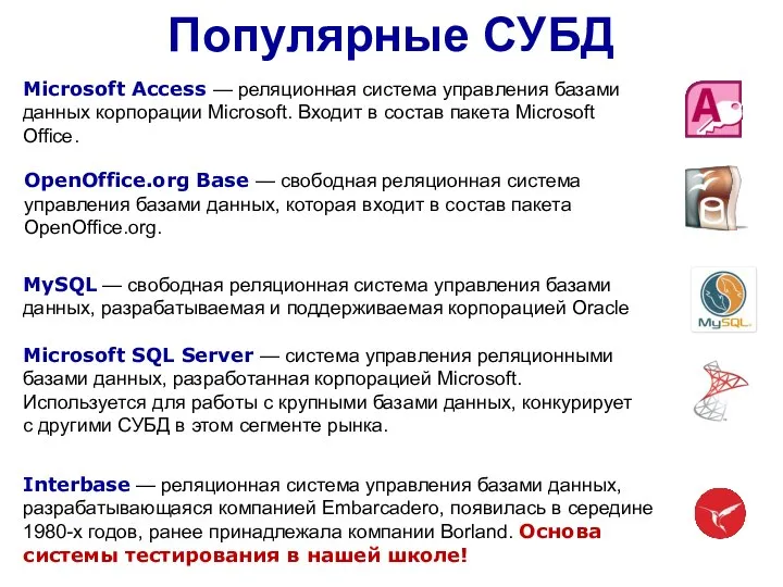 Популярные СУБД Microsoft Access — реляционная система управления базами данных корпорации Microsoft.