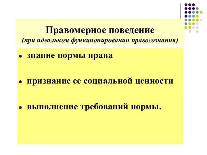 Правомерное поведение (при идеальном функционировании правосознания) знание нормы права признание ее социальной ценности выполнение требований нормы.