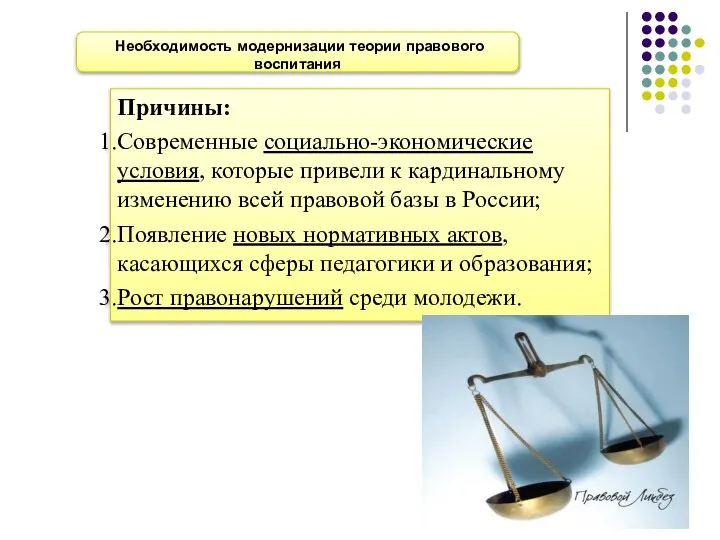 Необходимость модернизации теории правового воспитания Причины: Современные социально-экономические условия, которые привели к