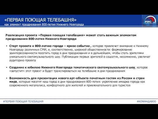 «ПЕРВАЯ ПОЮЩАЯ ТЕЛЕБАШНЯ» как элемент празднования 800-летия Нижнего Новгорода Реализация проекта «Первая