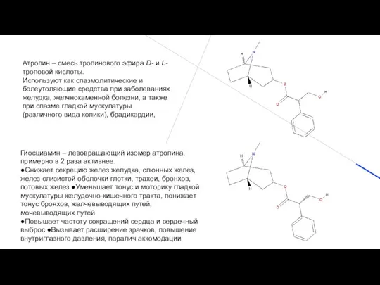 Атропин – смесь тропинового эфира D- и L-троповой кислоты. Используют как спазмолитические