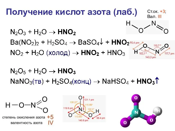Получение кислот азота (лаб.) Ст.ок. +3; Вал. III