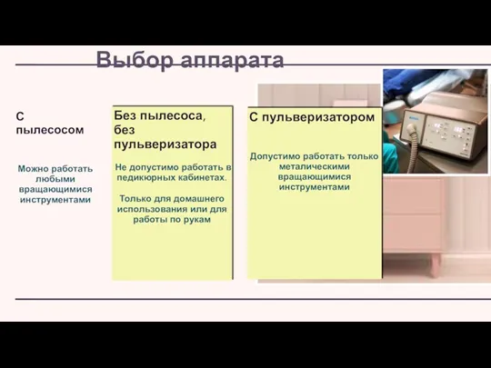 Выбор аппарата С пылесосом Можно работать любыми вращающимися инструментами Без пылесоса, без