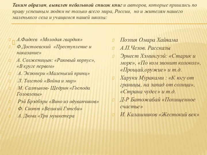 Таким образом, выявлен небольшой список книг и авторов, которые пришлись по нраву