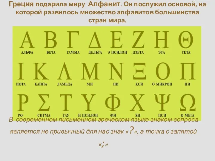 Греция подарила миру Алфавит. Он послужил основой, на которой развилось множество алфавитов