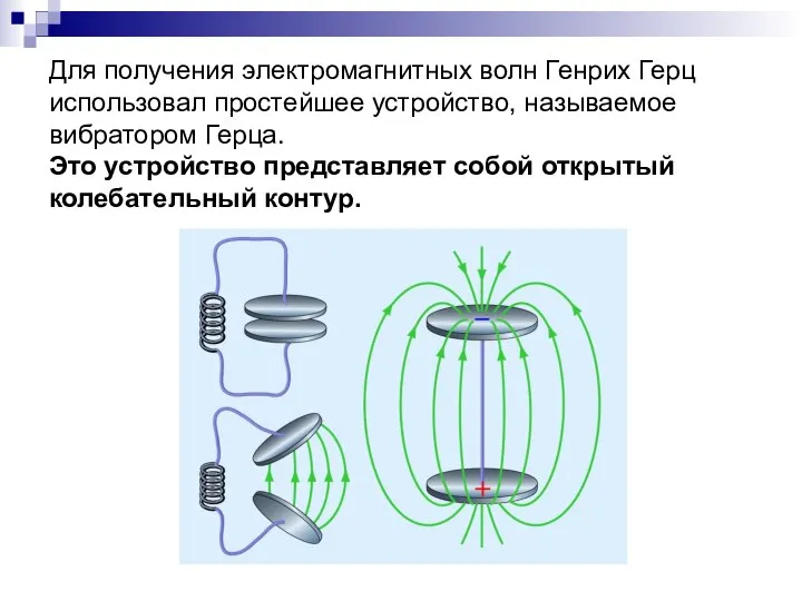 Для получения электромагнитных волн Генрих Герц использовал простейшее устройство, называемое вибратором Герца.