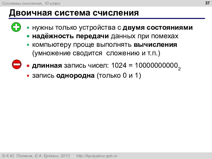 Двоичная система счисления длинная запись чисел: 1024 = 100000000002 запись однородна (только