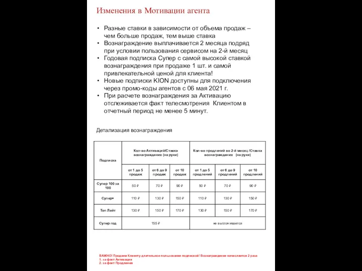 Детализация вознаграждения Изменения в Мотивации агента Разные ставки в зависимости от объема