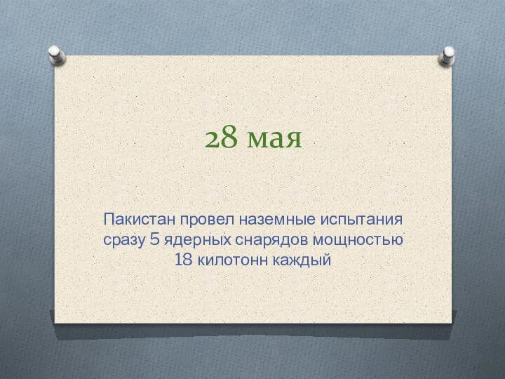 28 мая Пакистан провел наземные испытания сразу 5 ядерных снарядов мощностью 18 килотонн каждый