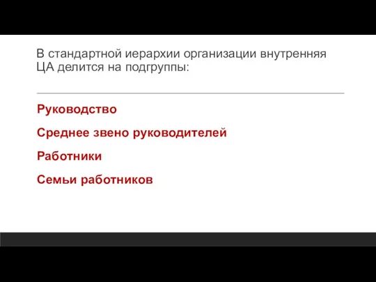 В стандартной иерархии организации внутренняя ЦА делится на подгруппы: Руководство Среднее звено руководителей Работники Семьи работников