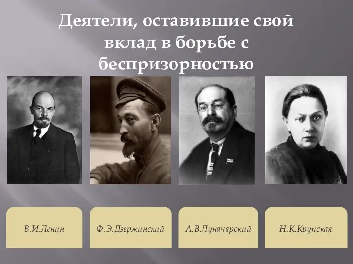 Деятели, оставившие свой вклад в борьбе с беспризорностью В.И.Ленин Ф.Э.Дзержинский А.В.Луначарский Н.К.Крупская