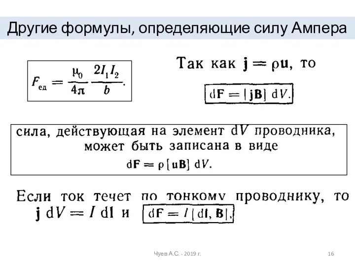 Другие формулы, определяющие силу Ампера Чуев А.С. - 2019 г.