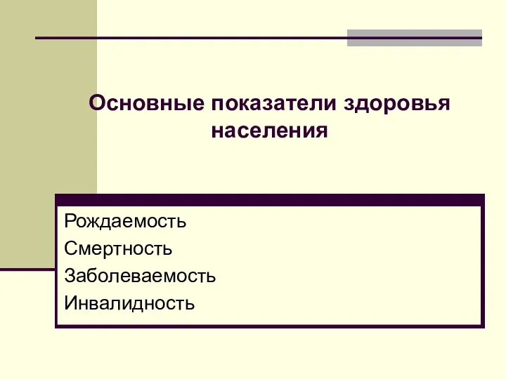 Основные показатели здоровья населения Рождаемость Смертность Заболеваемость Инвалидность