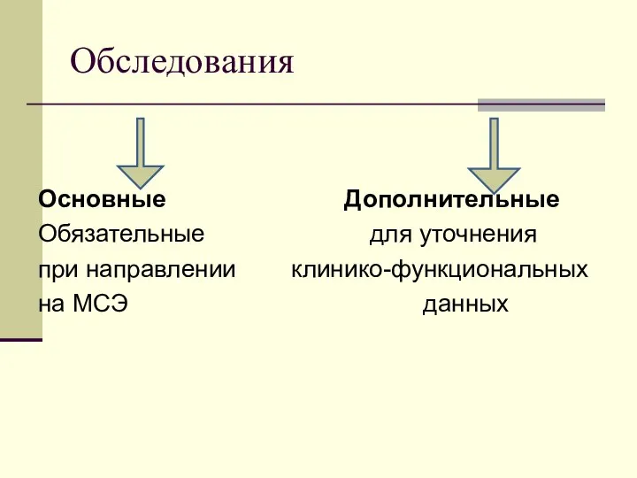 Обследования Основные Дополнительные Обязательные для уточнения при направлении клинико-функциональных на МСЭ данных