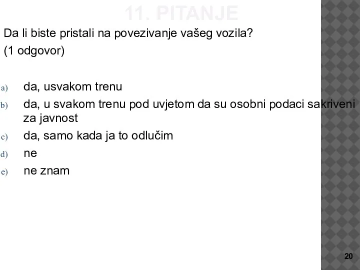 11. PITANJE Da li biste pristali na povezivanje vašeg vozila? (1 odgovor)