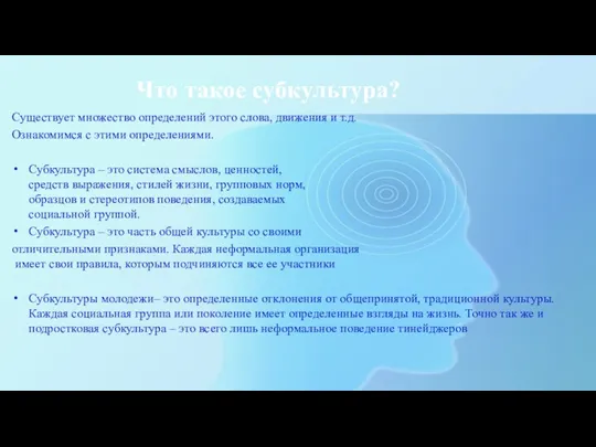 Что такое субкультура? Существует множество определений этого слова, движения и т.д. Ознакомимся