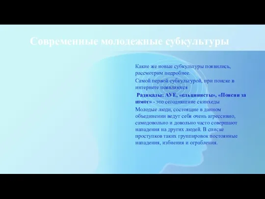 Современные молодежные субкультуры Какие же новые субкультуры появились, рассмотрим подробнее. Самой первой