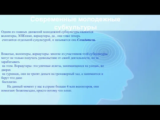 Современные молодежные субкультуры Одним из главных движений молодежной субкультуры являются волонтеры, ЗОЖники,