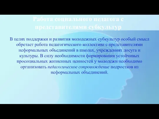 Работа социального педагога с представителями субкультур В целях поддержки и развития молодежных