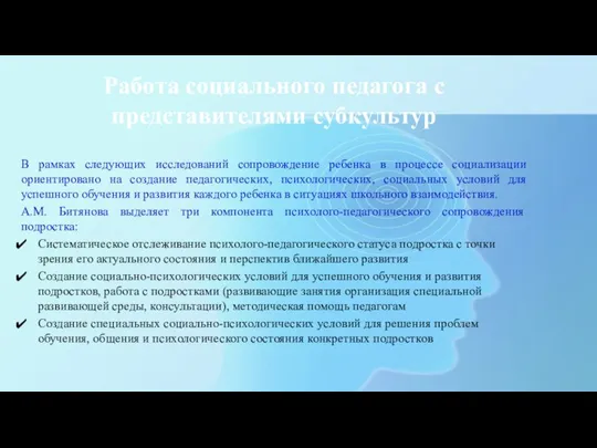 Работа социального педагога с представителями субкультур В рамках следующих исследований сопровождение ребенка