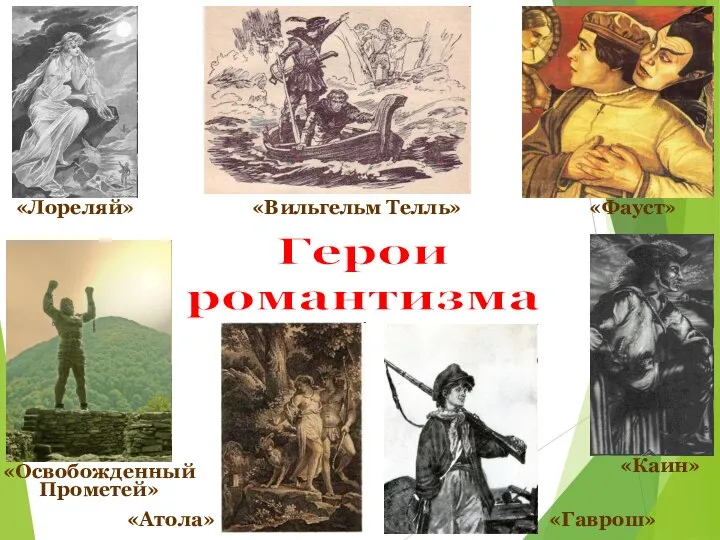 Герои романтизма «Лореляй» «Вильгельм Телль» «Фауст» «Каин» «Гаврош» «Атола» «Освобожденный Прометей»