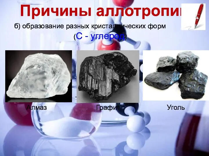 Причины аллотропии б) образование разных кристаллических форм (С - углерод) Алмаз Графит Уголь