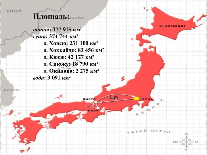 Площадь: общая: 377 915 км² суша: 374 744 км² о. Хонсю: 231