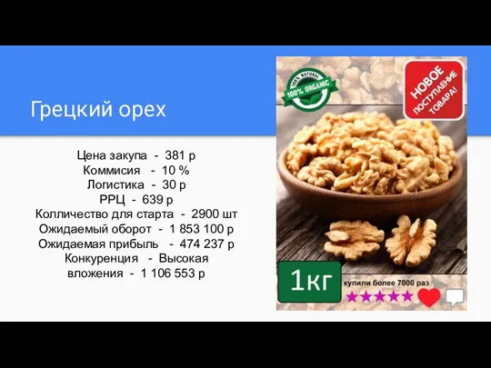 Грецкий орех Цена закупа - 381 р Коммисия - 10 % Логистика
