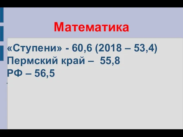 Математика «Ступени» - 60,6 (2018 – 53,4) Пермский край – 55,8 РФ – 56,5