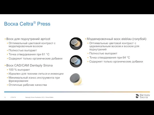 Воска Celtra® Press 27/04/18 Dentsply Sirona Prosthetics 2016 / Clinical Affairs Воск