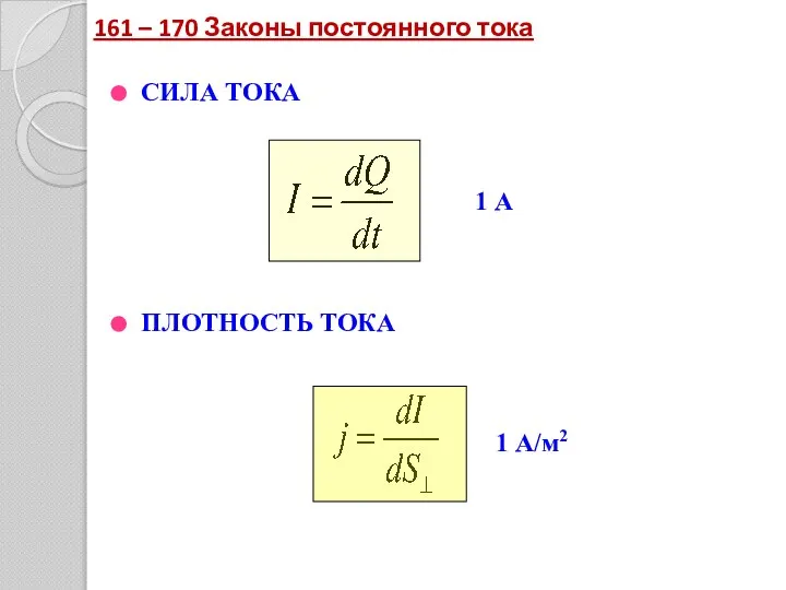 СИЛА ТОКА ПЛОТНОСТЬ ТОКА 1 А 1 А/м2 161 – 170 Законы постоянного тока