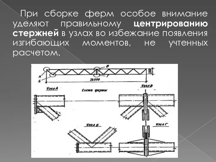 При сборке ферм особое внимание уделяют правильному центрированию стержней в узлах во