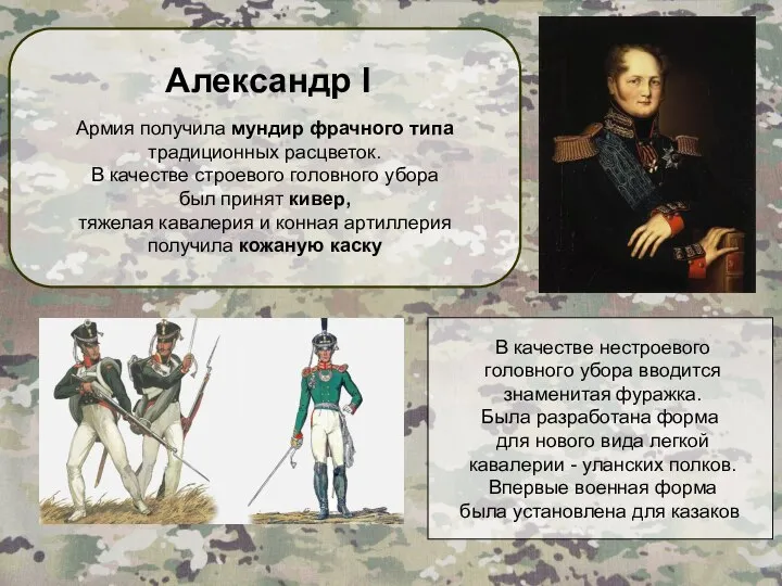 Александр I Армия получила мундир фрачного типа традиционных расцветок. В качестве строевого