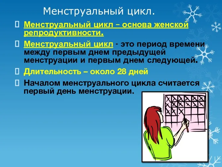 Менструальный цикл. Менструальный цикл – основа женской репродуктивности. Менструальный цикл - это