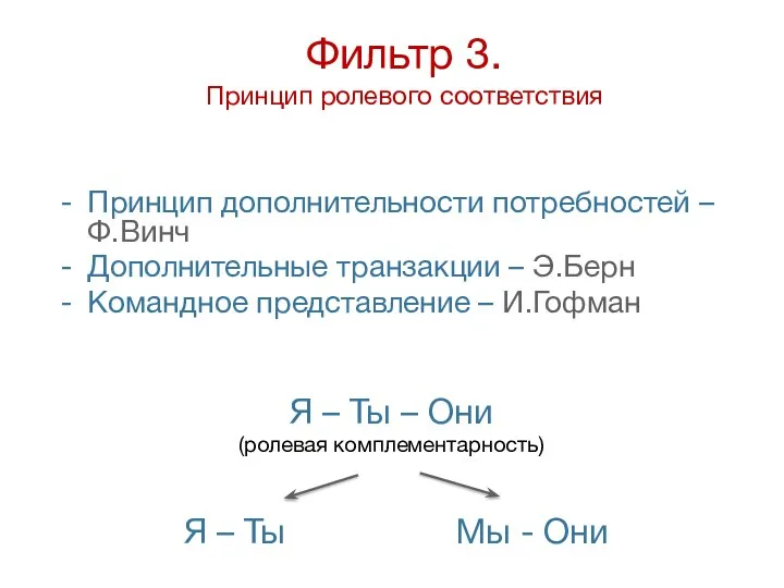 Фильтр 3. Принцип ролевого соответствия Принцип дополнительности потребностей – Ф.Винч Дополнительные транзакции