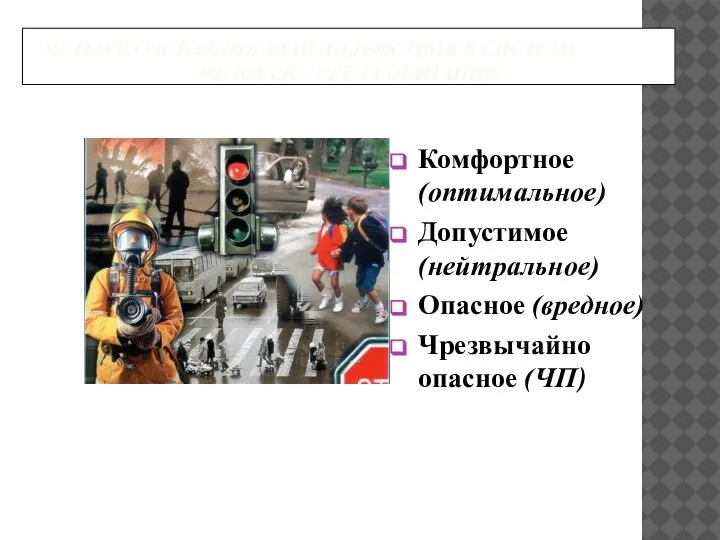 ЧЕТЫРЕ СОСТОЯНИЯ ВЗАИМОДЕЙСТВИЯ В СИСТЕМЕ «ЧЕЛОВЕК – СРЕДА ОБИТАНИЯ» Комфортное (оптимальное) Допустимое