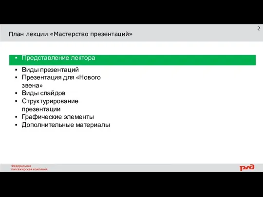 План лекции «Мастерство презентаций» Представление лектора Виды презентаций Презентация для «Нового звена»