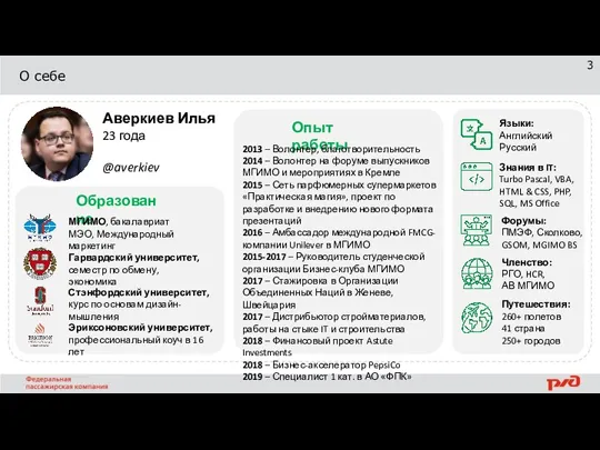 О себе Аверкиев Илья 23 года @averkiev Образование МГИМО, бакалавриат МЭО, Международный