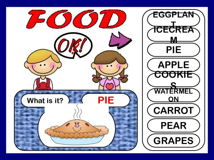 SHI What is it? PIE ? EGGPLANT ICECREAM PIE APPLE COOKIES WATERMELON CARROT PEAR GRAPES OK!