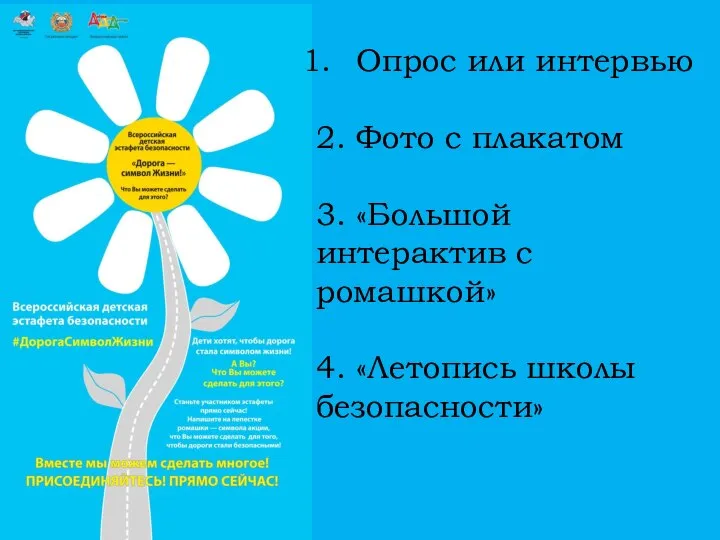 Опрос или интервью 2. Фото с плакатом 3. «Большой интерактив с ромашкой» 4. «Летопись школы безопасности»