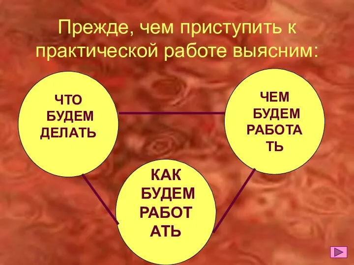 Прежде, чем приступить к практической работе выясним: ЧТО БУДЕМ ДЕЛАТЬ ЧЕМ БУДЕМ РАБОТАТЬ КАК БУДЕМ РАБОТАТЬ