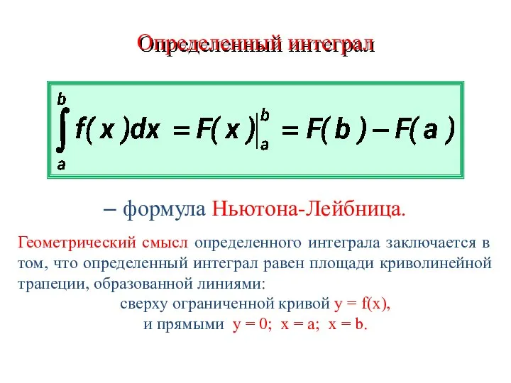 Определенный интеграл – формула Ньютона-Лейбница. Геометрический смысл определенного интеграла заключается в том,