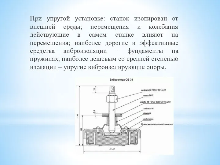 При упругой установке: станок изолирован от внешней среды; перемещения и колебания действующие