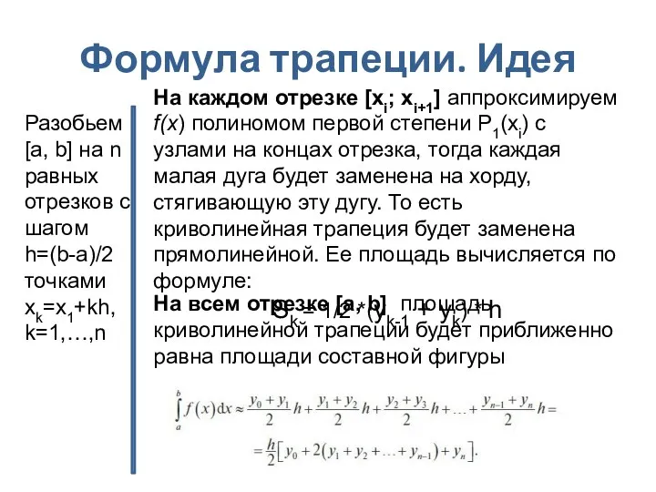 Формула трапеции. Идея Разобьем [a, b] на n равных отрезков с шагом