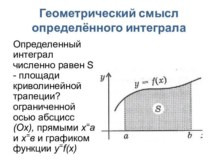 Геометрический смысл определённого интеграла Определенный интеграл численно равен S - площади криволинейной