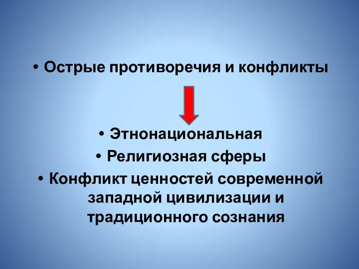 Острые противоречия и конфликты Этнонациональная Религиозная сферы Конфликт ценностей современной западной цивилизации и традиционного сознания