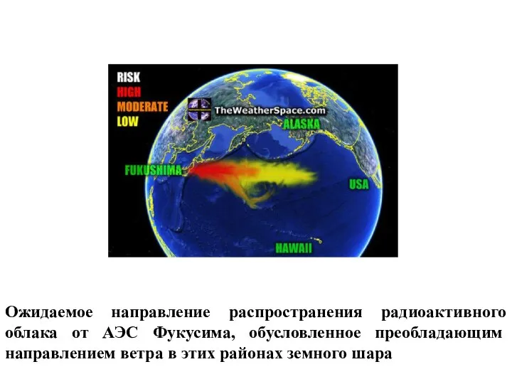 Ожидаемое направление распространения радиоактивного облака от АЭС Фукусима, обусловленное преобладающим направлением ветра