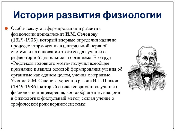 Особая заслуга в формировании и развитии физиологии принадлежит И.М. Сеченову (1829-1905), который