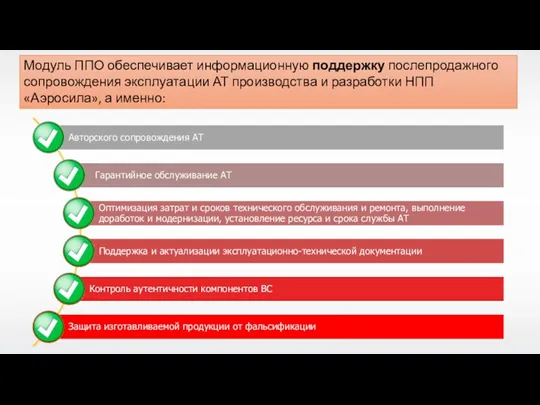 Модуль ППО обеспечивает информационную поддержку послепродажного сопровождения эксплуатации АТ производства и разработки НПП «Аэросила», а именно: