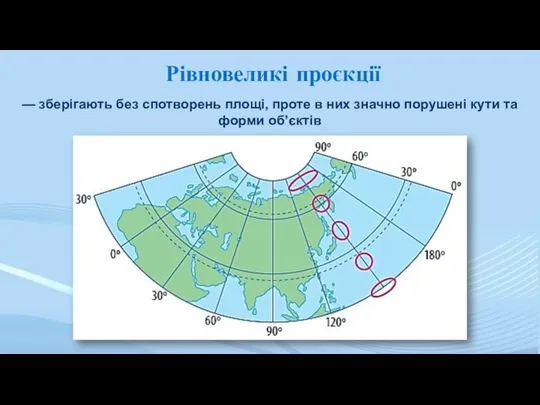 Рівновеликі проєкції — зберігають без спотворень площі, проте в них значно порушені кути та форми об’єктів